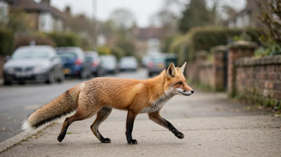 A healthy red fox trotting along a suburban pavement in daylight, which is normal behaviour rather than a sign of illness.