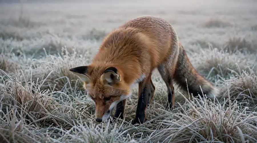 A red fox standing still with ears angled down, listening for prey it cannot see in long grass.