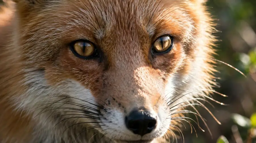 A close view of a red fox's eyes in bright light, showing the vertical slit pupils unusual among dogs.