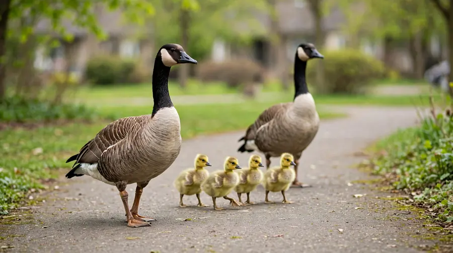 Two adult geese walking a path with goslings between them, one parent leading and one following