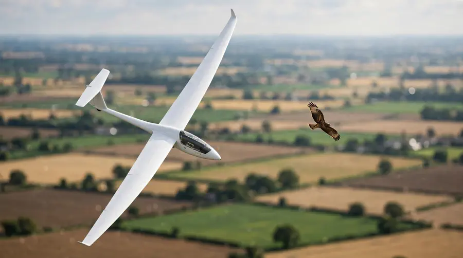 A glider circling in a thermal alongside a soaring bird high above fields