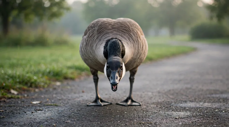 A Canada goose standing on a path with its neck lowered and extended in a warning posture (goose crossing your path spiritual meaning)