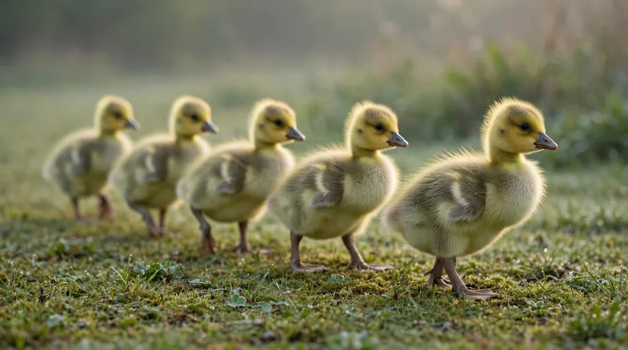 Five young goslings walking in a line across grass, following something outside the frame