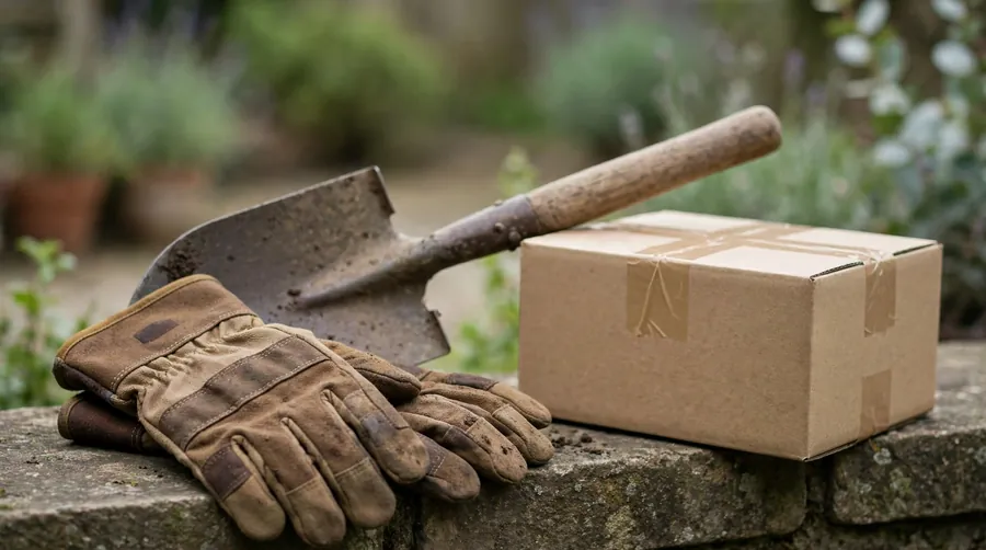Gardening gloves, a small shovel and a sealed box arranged on a wall for safe handling