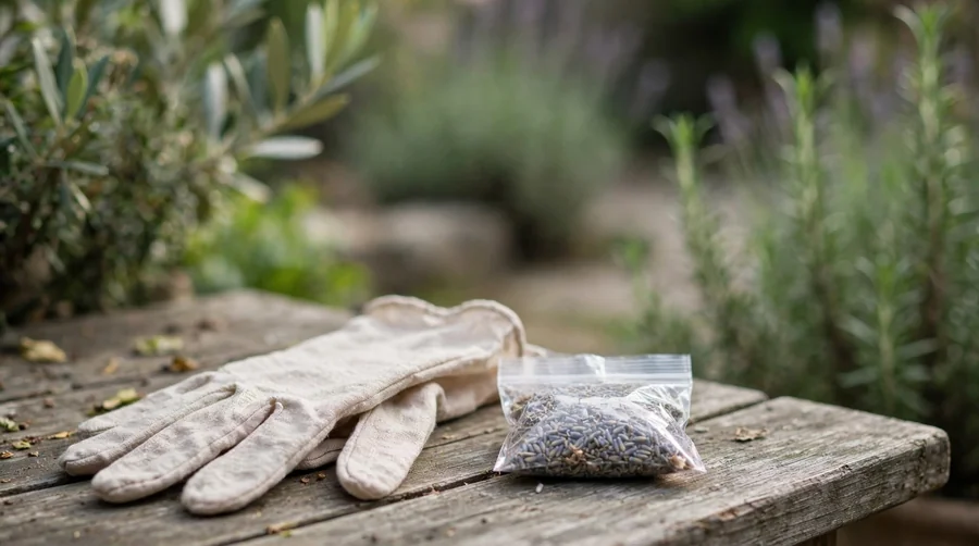 Thin gloves and a sealed bag on a garden table for handling a shed skin