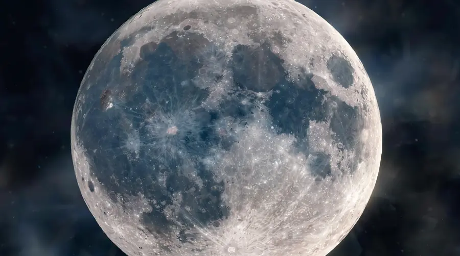 Bright full moon with its dark surface markings visible in a night sky