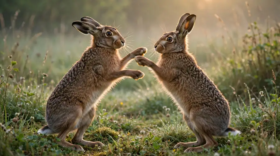Two hares reared up on hind legs boxing at each other in a meadow