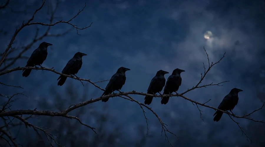 Silhouettes of crows on bare branches against a moonlit night sky