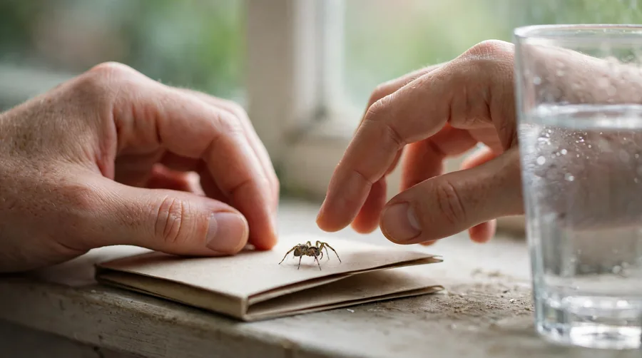 Spider being gently moved onto paper beside a glass on a windowsill.