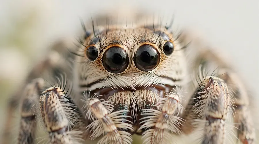 Macro portrait of a jumping spider with its large forward-facing eyes.