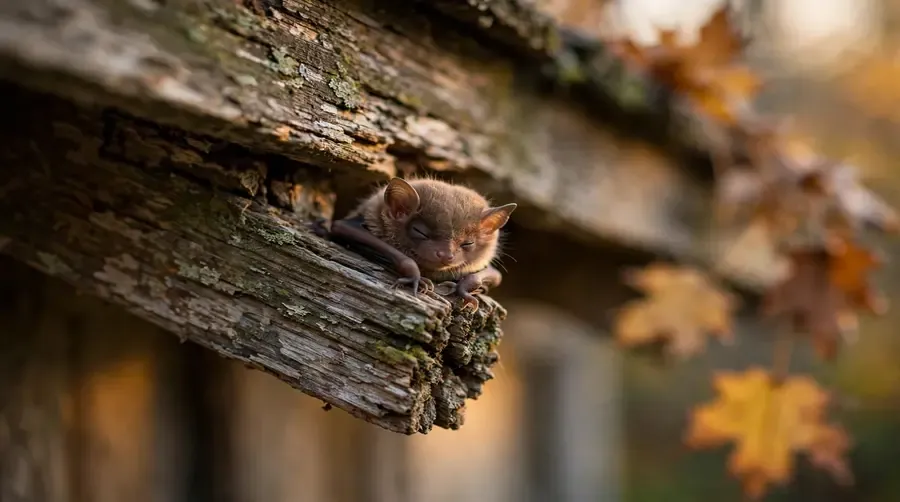 Small juvenile bat clinging to weathered wood under the eaves of a house