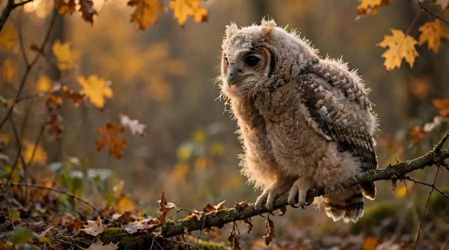 Juvenile owl with downy feathers perched at the edge of autumn woodland