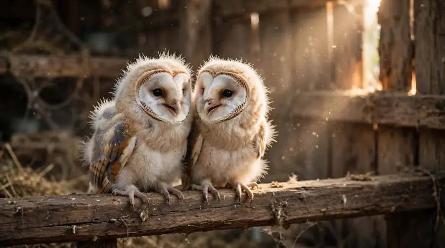 Two juvenile barn owlets in a barn calling to their parents for food