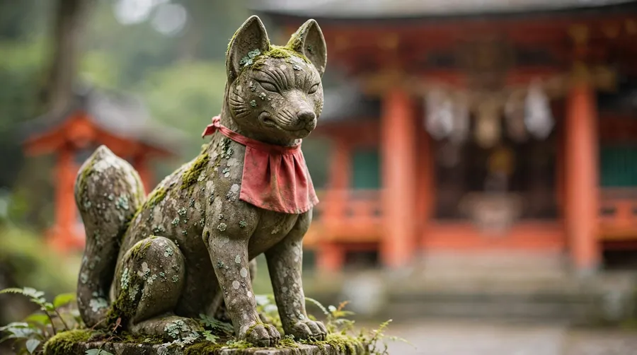 A weathered stone fox statue wearing a red cloth bib at a Japanese shrine, representing a messenger of Inari.