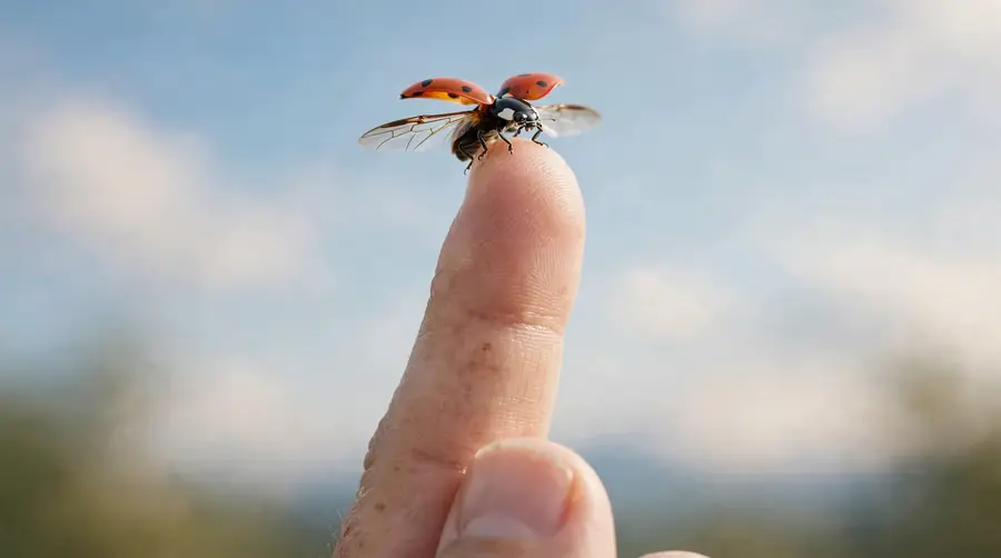 Ladybug at the tip of a finger opening its wings to take off