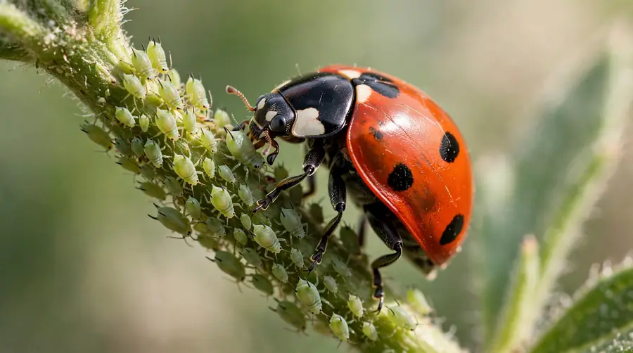 Ladybug feeding among aphids on a green plant stem