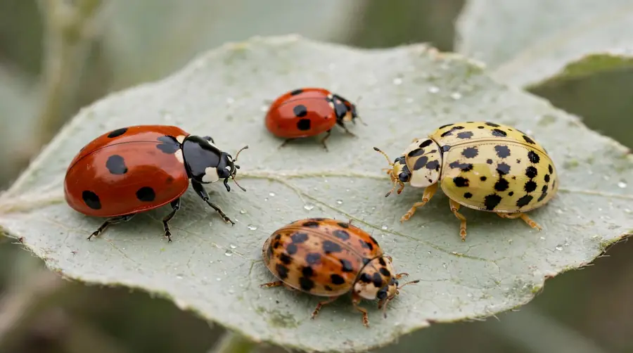 Several ladybird species side by side showing different spot counts and colours