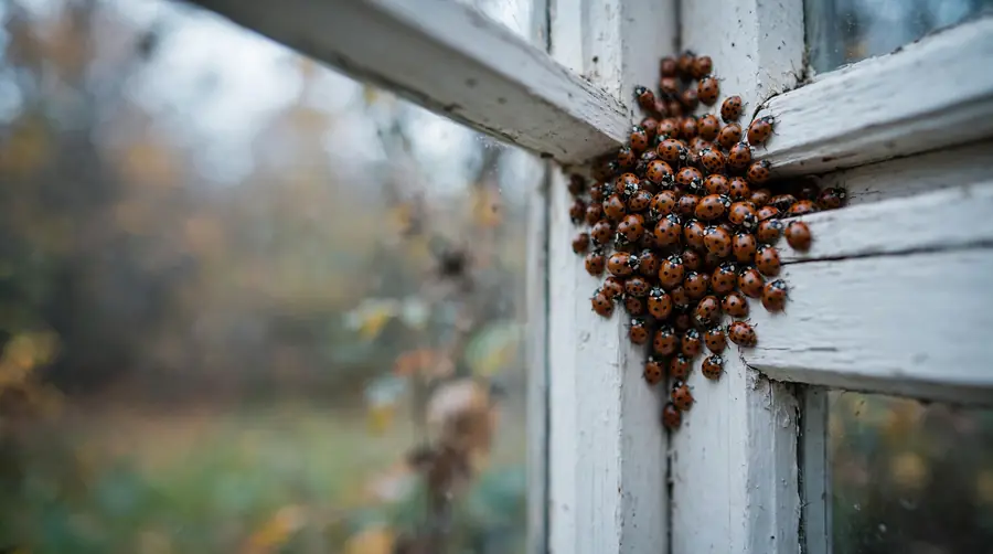 Dozens of ladybugs clustered together in the corner of a window frame