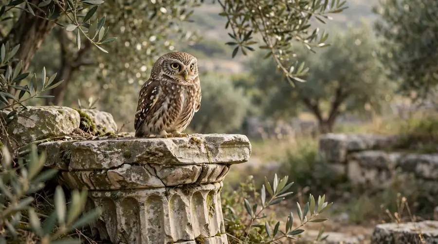 Little owl perched on an ancient Greek stone column representing Athena