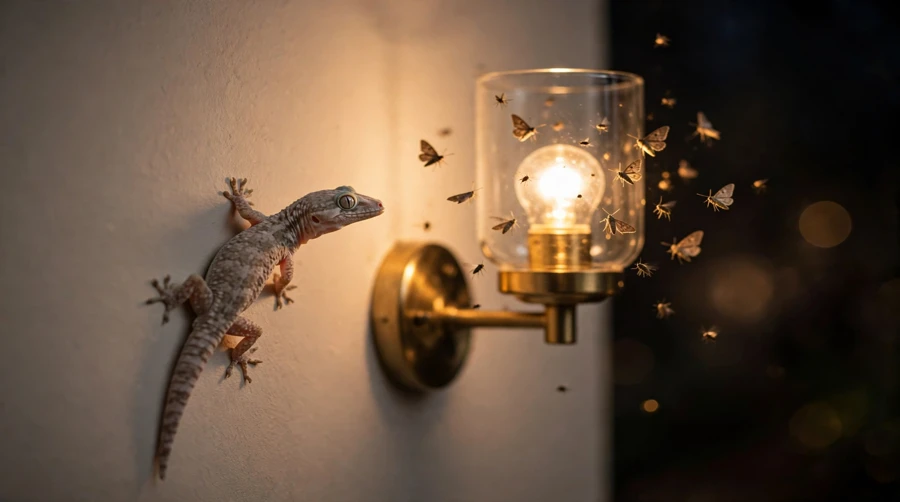 A pale house gecko on a wall beside a lit lamp with insects around it, hunting the moths the light attracts