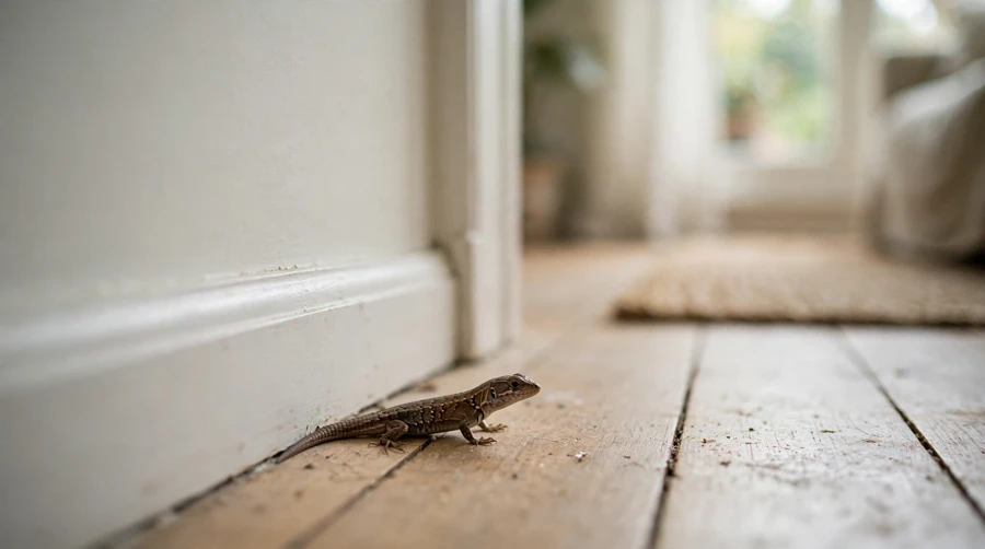 A small brown lizard moving along a skirting board on an indoor floor, following the wall edge as lizards do