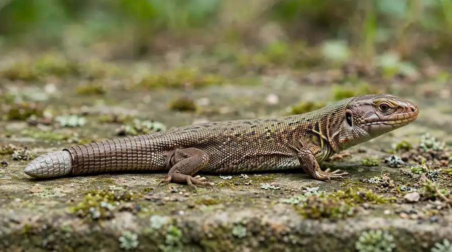 A lizard with a visibly regrown tail, shorter and differently coloured than the original