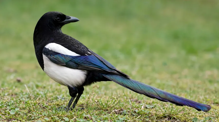 A magpie standing on grass showing its black and white plumage and long tail