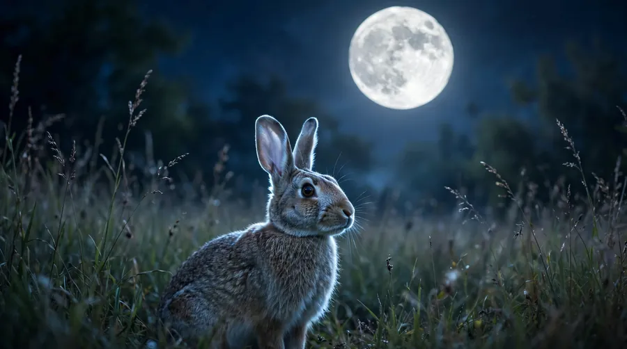 Rabbit sitting in long grass at night beneath a bright full moon