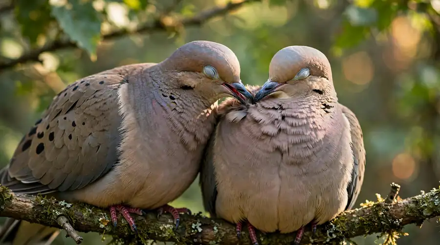 Pair of mourning doves in contact with one preening the other's neck