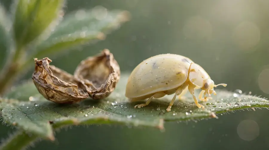 Pale newly emerged ladybug with faint spots next to its empty pupal case