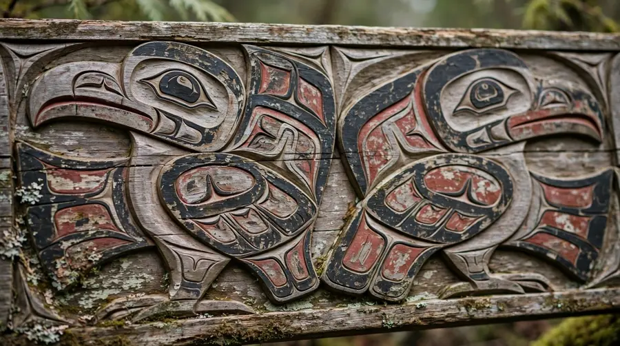 Weathered carved and painted cedar in Pacific Northwest Coast formline style showing stylised bird forms