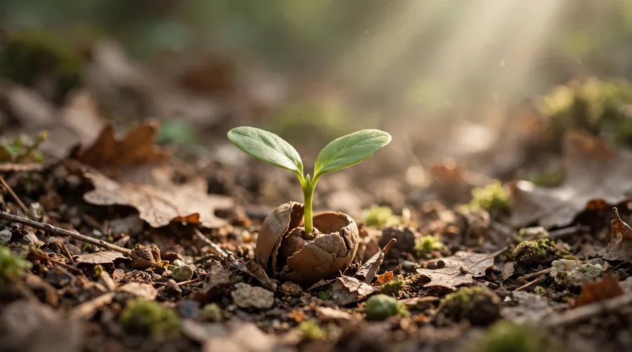 Young oak seedling sprouting from an acorn in woodland leaf litter