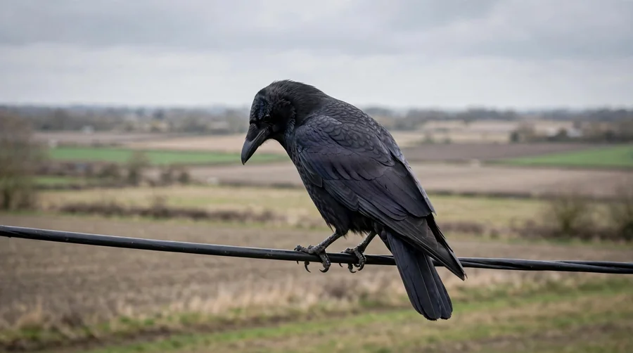 A single crow perched on a telephone wire looking down at the ground, in the posture of a lookout