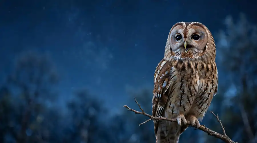 Owl perched on a bare branch calling in soft blue moonlight