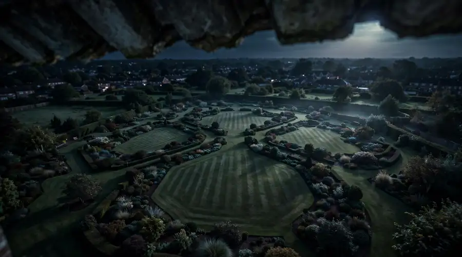 View from roof height looking down over a moonlit suburban garden