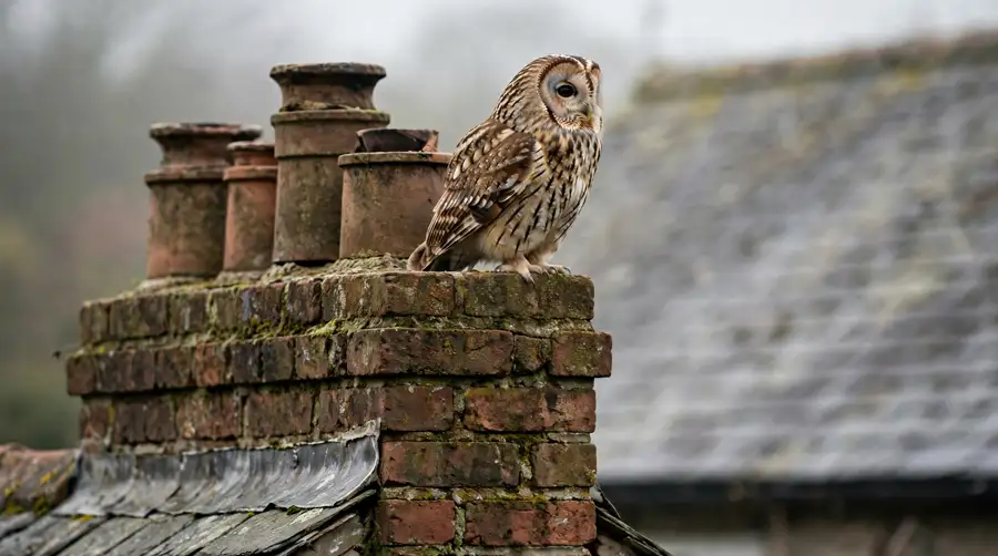 Owl perched on a brick chimney stack beside open chimney pots