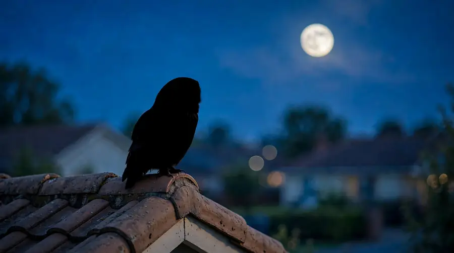 Owl perched on a house rooftop at night silhouetted against the moon