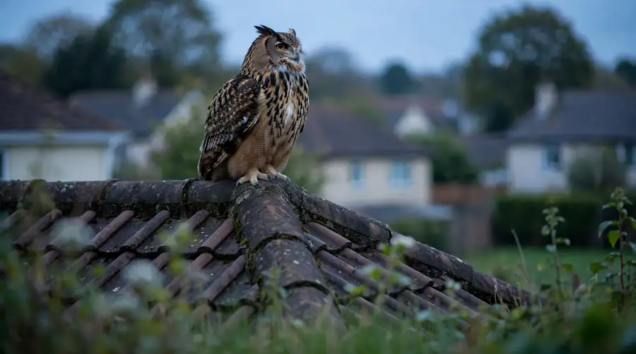 Owl perched on the ridge of a tiled suburban roof at dusk