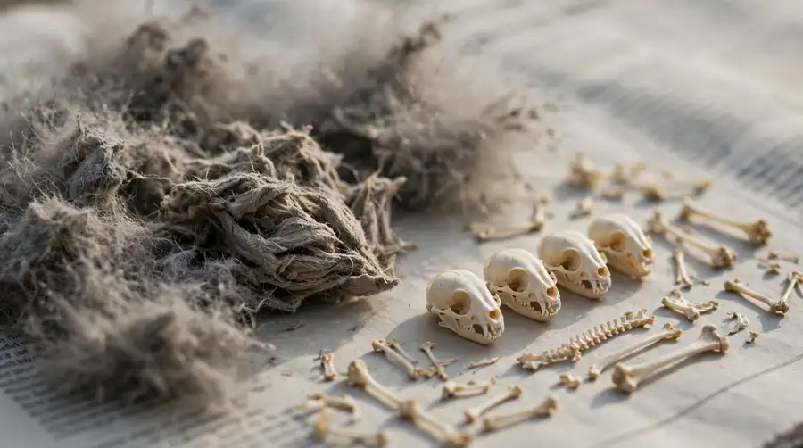 Dissected owl pellet with matted fur and tiny intact rodent skulls laid out