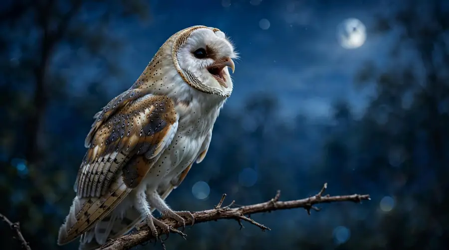 Owl screeching on a branch at night against a moonlit sky