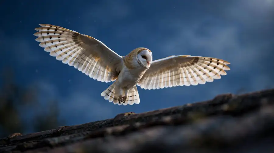 Owl in silent flight with wings spread just above a roofline at night