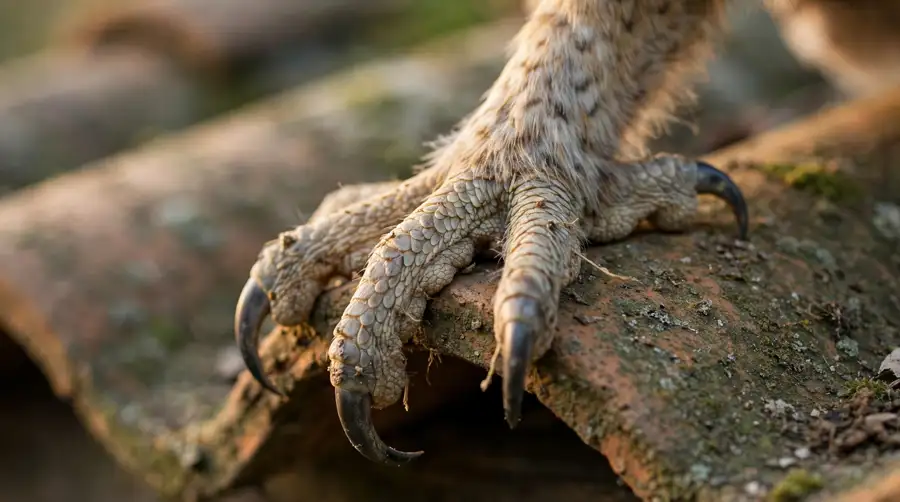 Close-up of an owl's talons gripping the edge of a weathered roof tile