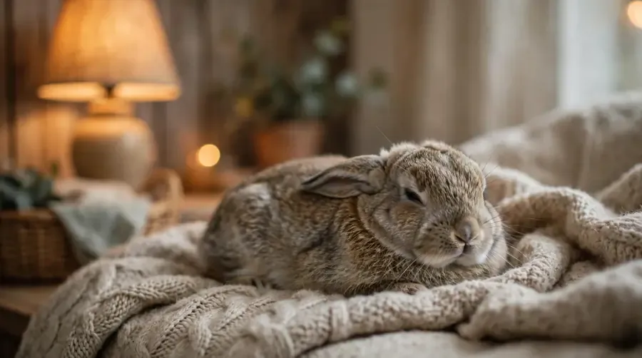Domestic pet rabbit resting quietly on a blanket in warm indoor light