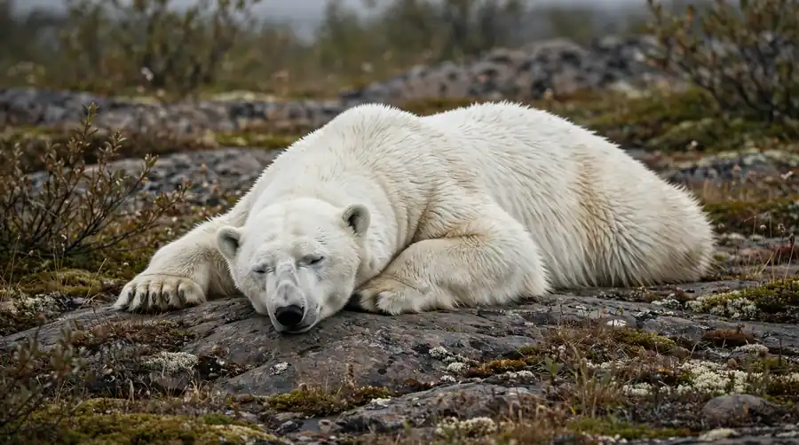 A polar bear lying still on bare rock and tundra in late summer, with no ice in sight