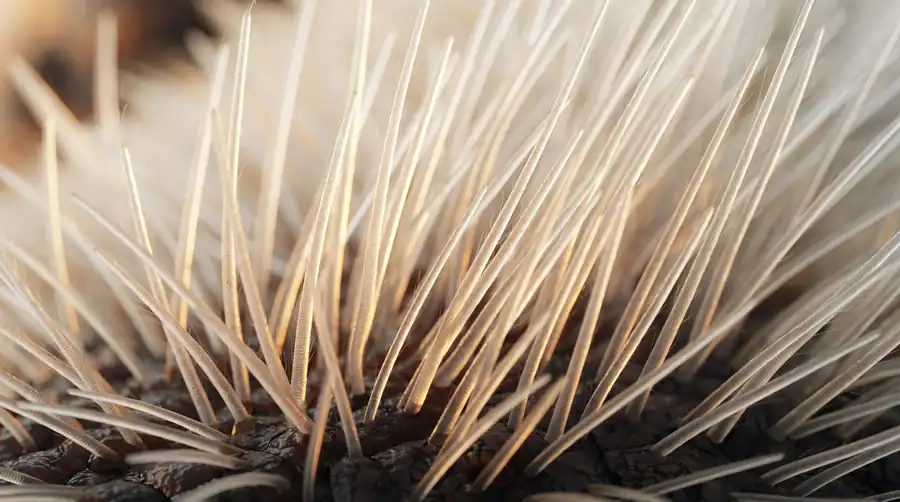 A close view of polar bear fur with backlit translucent guard hairs and dark skin visible at the base