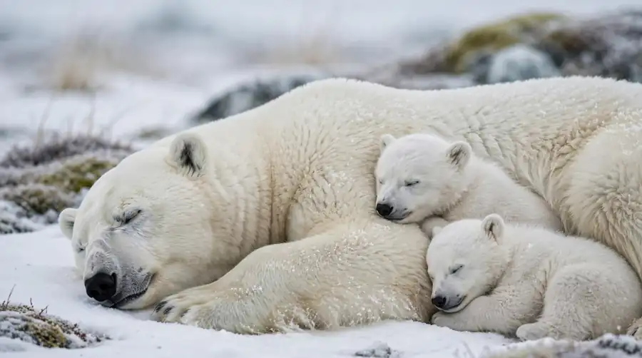 A polar bear lying in snow with two cubs pressed against her side