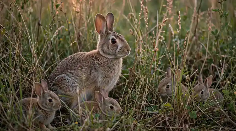 Wild rabbit sitting among tall grass with young rabbits nearby