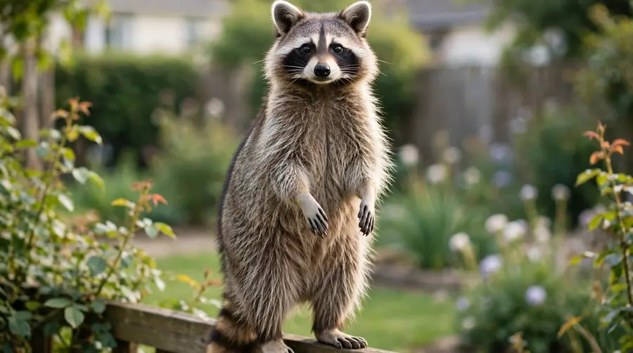 A healthy, alert raccoon on a garden fence in bright daylight, which is normal behaviour and not a sign of illness