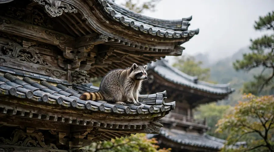 A raccoon sitting on the tiled roof of a traditional wooden temple building, where introduced raccoons cause damage