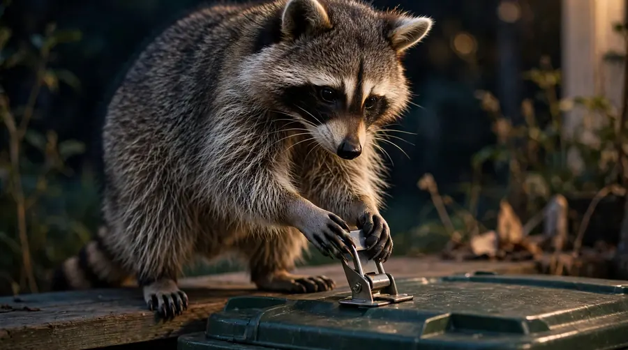 A raccoon using both front paws to work the clasp on a closed bin at night